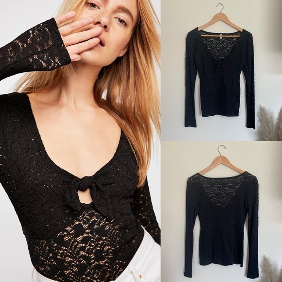 Free People ~ Intimately Free Whimsigoth Black Lace Keyhole Front Top - Picture 1 of 12